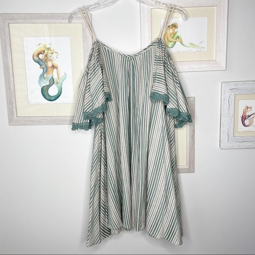 EVERLEIGH Green & Cream Stripe Hemp Cold Shoulder Dress Size Medium